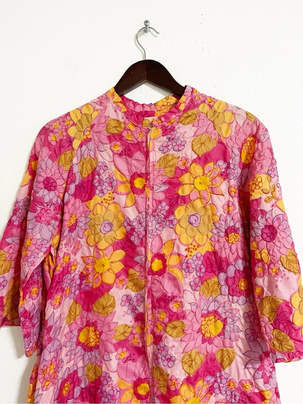 Vintage 60s Millay Floral Retro Mod Robe Housecoat Pink Size S